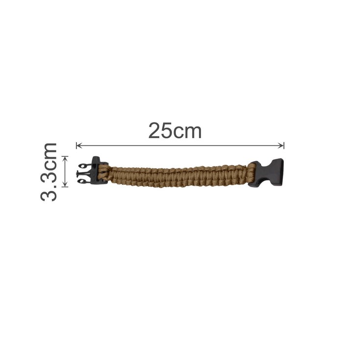 Paracord Bracelet With Whistle - A tan paracord bracelet with a black clip, measuring 25cm in length and 3.3cm in width, featuring a whistle.