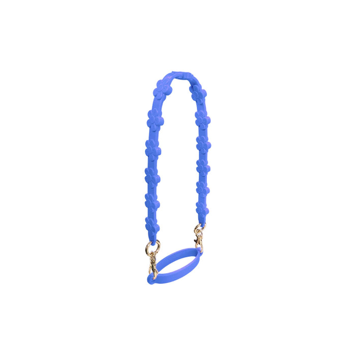 Silicone Flower Tumbler Strap - A drink bottle strap in blue, featuring a floral design and gold metal clips.