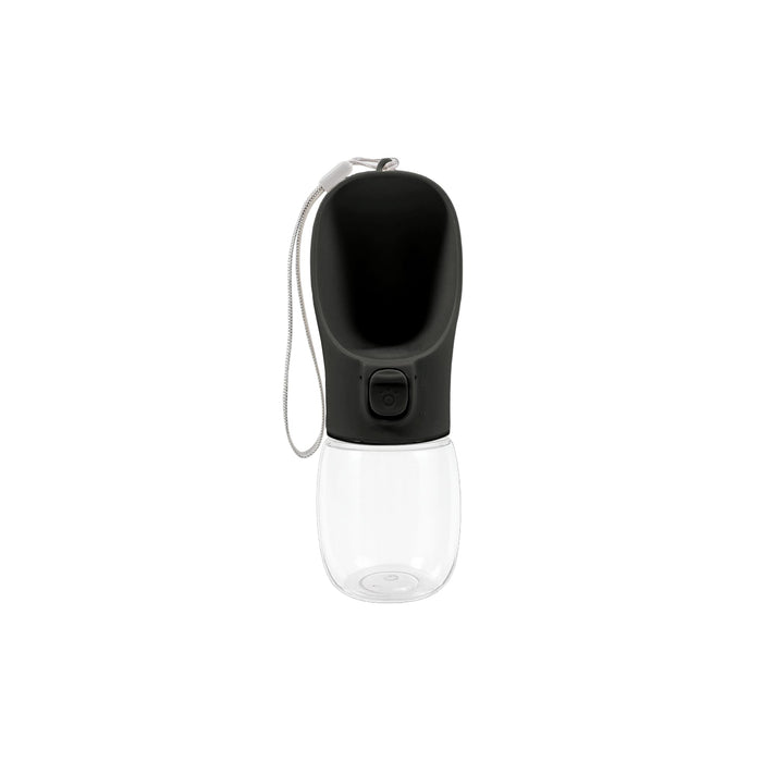 300ml Portable Pet Water Bottle - A drink bottle with a black top and clear base, featuring a strap and a button. It includes a logo on the design.