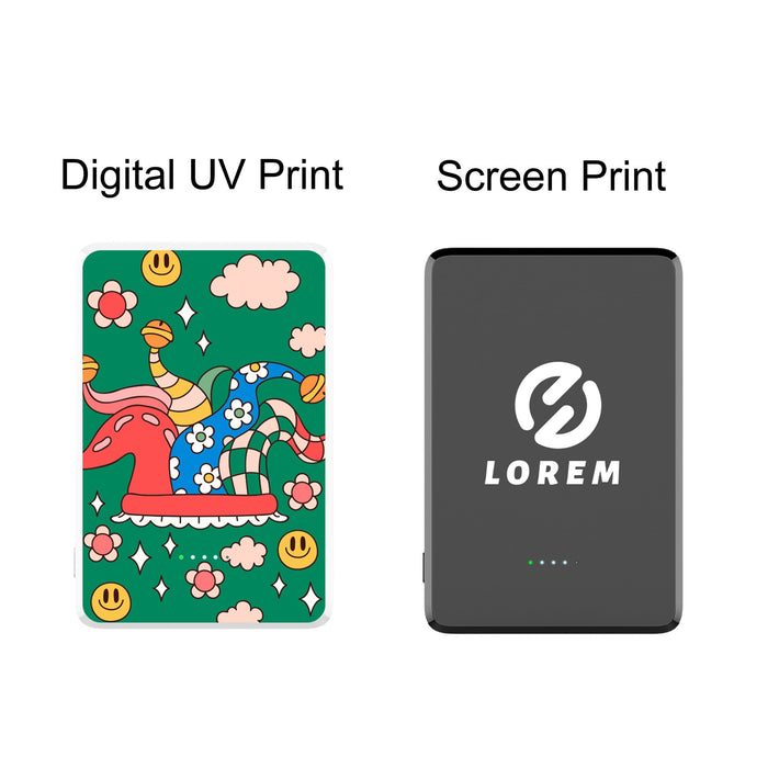 5000mAh Magnetic Wireless  Power Bank - A colourful power bank featuring a playful design on one side and a sleek black finish with a logo on the other.
