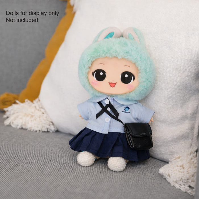 Plush Doll Uniform Set (15–17cm Doll) - A plush doll uniform set featuring a blue shirt, navy skirt, and a cute mint-green hat with bunny ears.