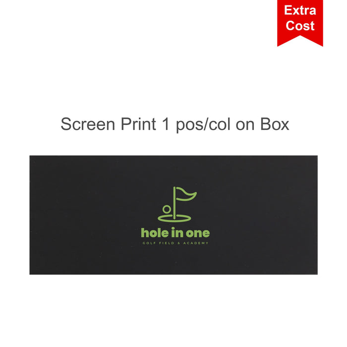 Golf Pen Gift Set - A black box featuring a logo with a golf flag. Contains a golf pen gift set.
