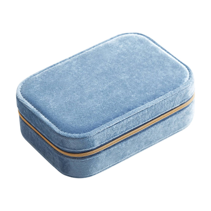 Velvet Jewellery Box with Compartment - A blue velvet jewellery box with a compartment and a gold zipper, featuring a soft exterior.