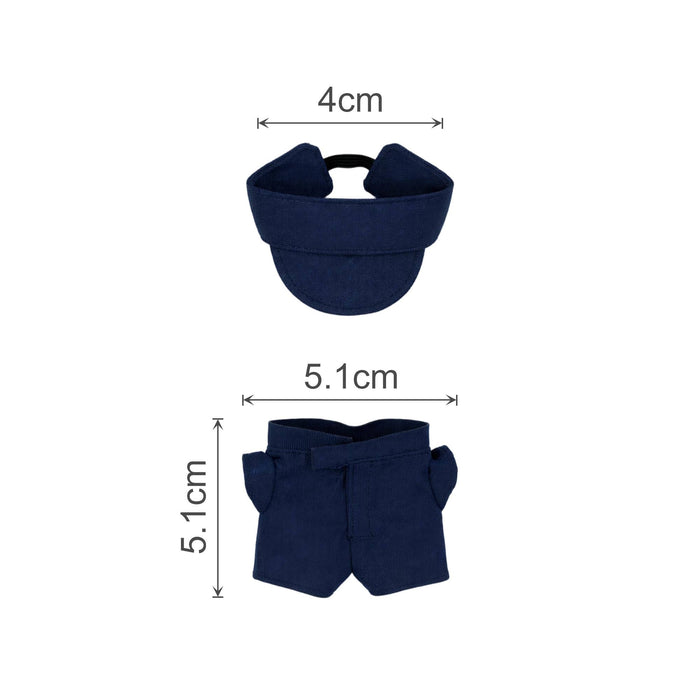 Plush Doll Racing Suit Set (10cm Doll) - A navy blue plush doll racing suit set featuring a cap and shorts, measuring 4cm and 5.1cm respectively.