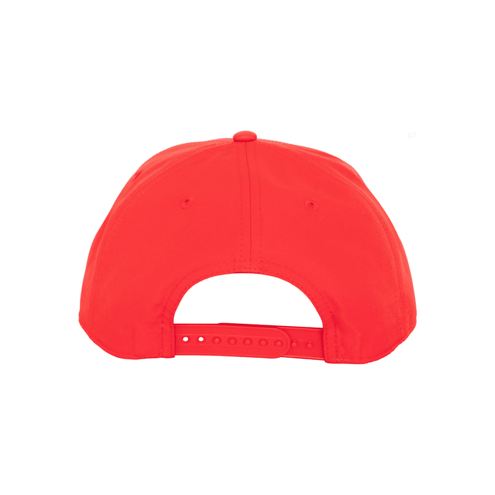 Heritage 5 Panel Polyester Cap with Custom Braid - A red polyester cap featuring a custom braid and a logo on the back.
