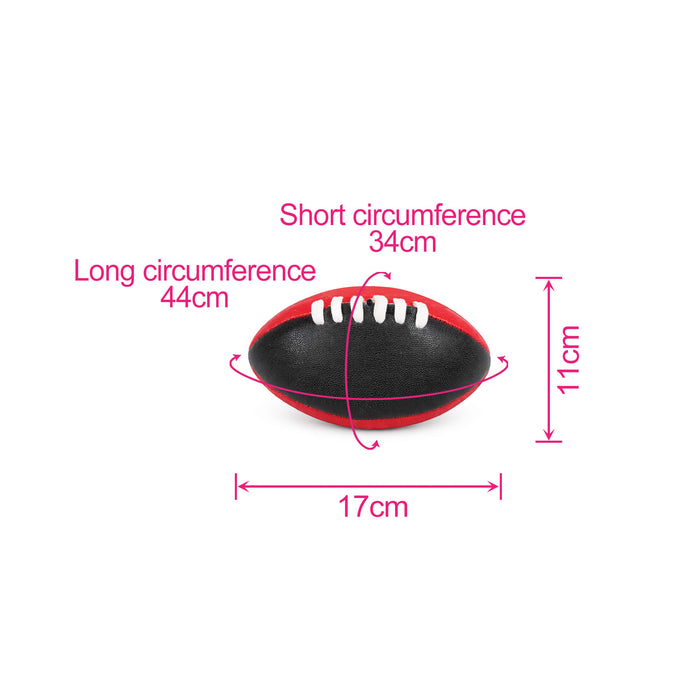 Mini Aussie Rules Ball - A Mini Aussie Rules Ball in black and red, measuring 17cm in length and 11cm in height with visible dimensions.