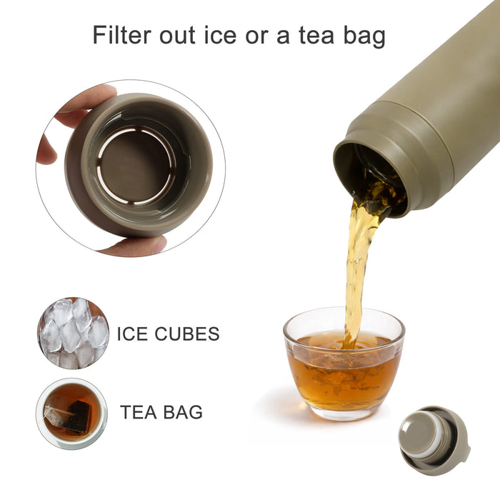 350ML/500ML Double Wall Stainless Steel Drink Bottle with Handle - A drink bottle in a muted olive green colour with a filter lid, pouring liquid into a glass.