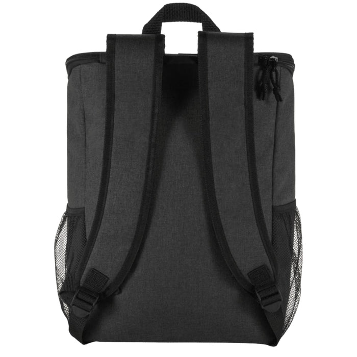 Tundra GRS RPET Picnic Cooler Backpack w/ Cutlery Set 20L - A dark grey backpack with adjustable straps and mesh side pockets, designed as a cooler bag.