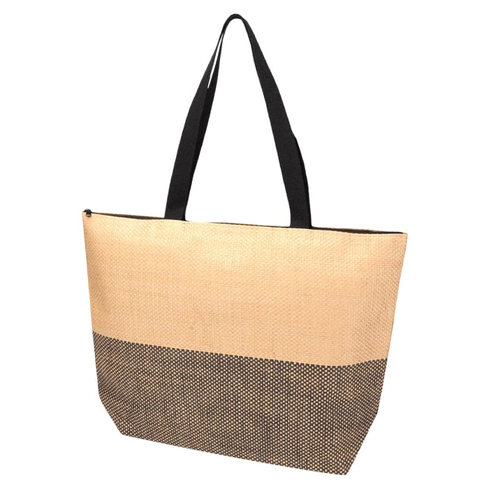 Paper Straw Large Zipped Tote - 21L - A large zipped tote in natural and black, featuring sturdy handles and a stylish design.
