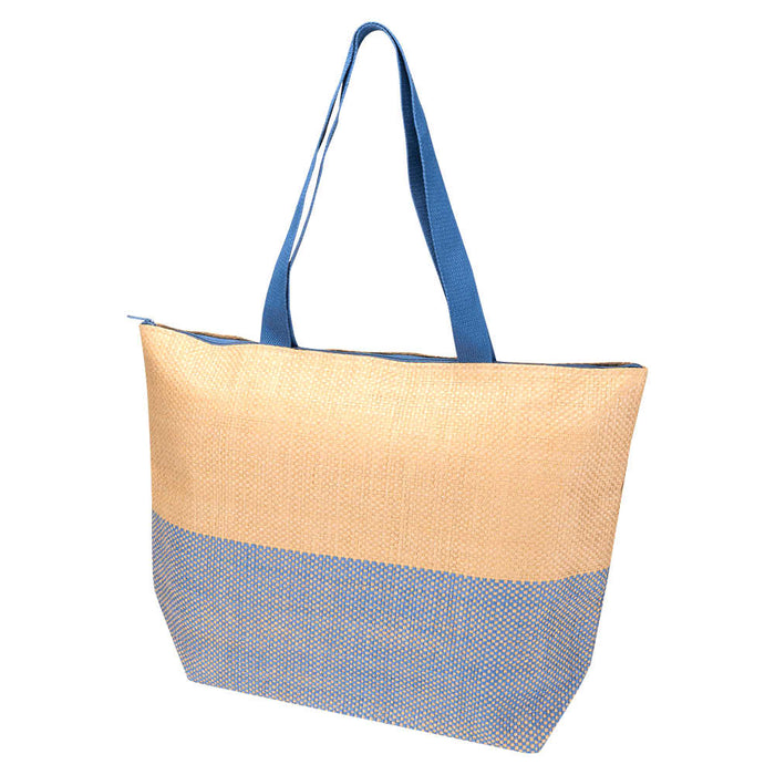 Paper Straw Large Zipped Tote - 21L - A large zipped tote in beige and blue, featuring sturdy handles and a textured design. It has a logo on the side.