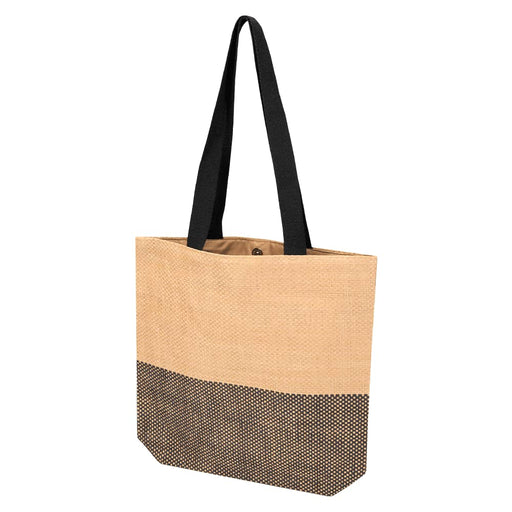 Paper Straw Tote Bag - 10L - A tote bag with a tan upper section and a black lower section, featuring two black handles and a logo.