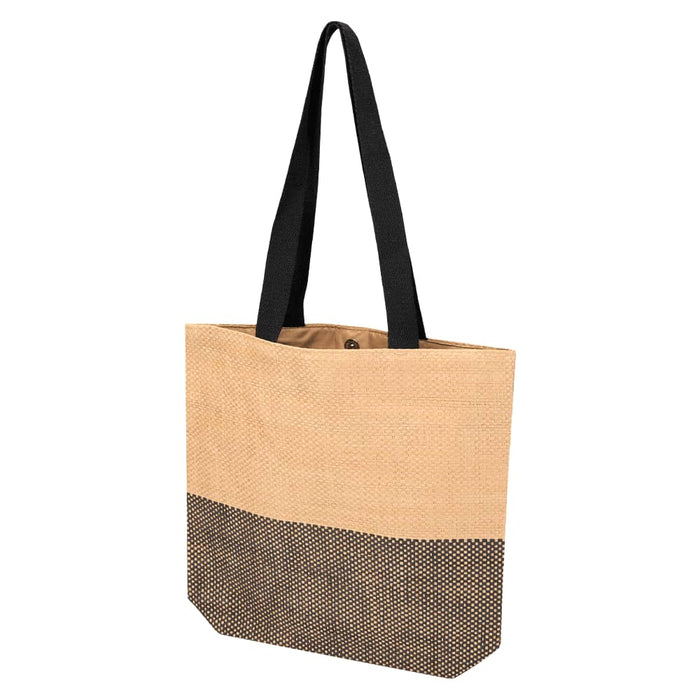 Paper Straw Tote Bag - 10L - A tote bag with a tan upper section and a black lower section, featuring two black handles and a logo.