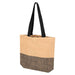Paper Straw Tote Bag - 10L - A tote bag with a tan upper section and a black lower section, featuring two black handles and a logo.