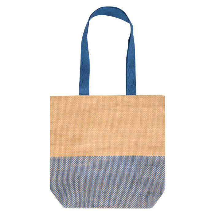 Paper Straw Tote Bag - 10L - A tote bag with a natural tan upper and blue patterned lower section, featuring two blue handles and a logo.