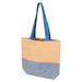 Paper Straw Tote Bag - 10L - A tote bag in beige with a blue bottom section and blue handles, featuring a logo on the side.