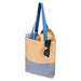 Paper Straw Tote Bag - 10L - A tote bag in beige and blue with long handles, featuring a pair of sunglasses and round items inside.