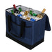 Chill Out 2.0 36 Can Cooler - 20L - A navy cooler bag filled with ice and assorted beverages, including beers, wines, and soft drinks. It has a logo.