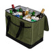 Chill Out 2.0 36 Can Cooler - 20L - A large green cooler bag filled with ice and various beverages, including cans and bottles. It features sturdy black handles.