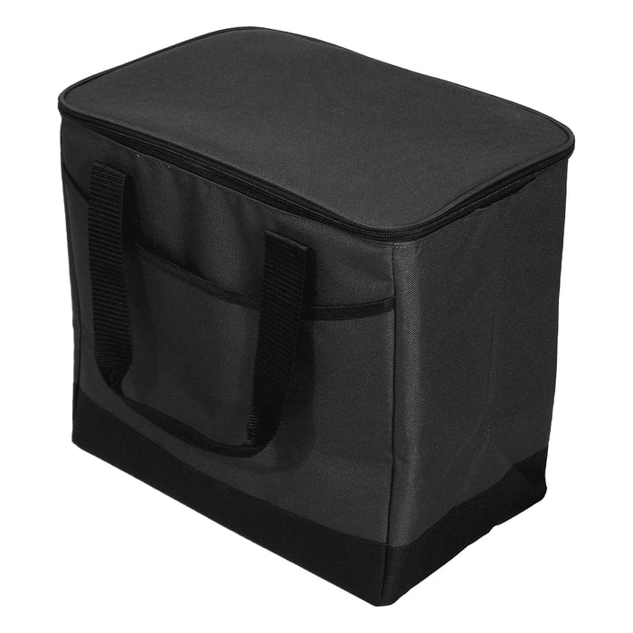 Chill Out 2.0 36 Can Cooler - 20L - A black cooler bag with a zippered top and two carrying handles. It features a simple design and a front pocket.