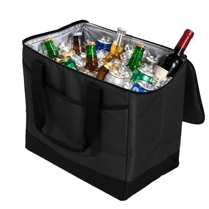 Chill Out 2.0 36 Can Cooler - 20L - A black 36 can cooler filled with a variety of drinks in ice, featuring sturdy handles and a branded logo.