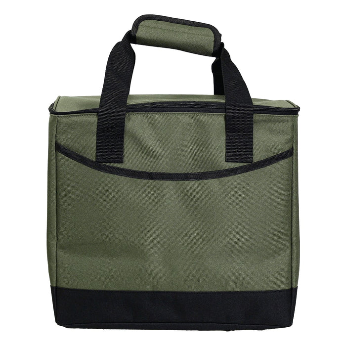 Chill Out 2.0 36 Can Cooler - 20L - A green cooler bag with a black bottom and sturdy handles, featuring a front pocket and a logo.