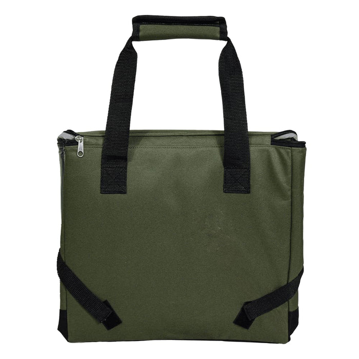 Chill Out 2.0 36 Can Cooler - 20L - A green cooler bag with black straps and a zip closure, featuring a logo on the front.