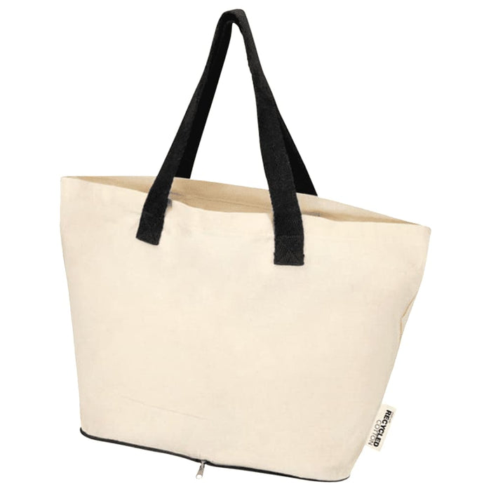 Sierra Foldable GRS Recycled  Cotton Tote Bag - A cream-coloured tote bag with black handles. Features a logo and a zip closure at the base.