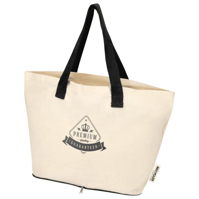 Sierra Foldable GRS Recycled  Cotton Tote Bag - A cream foldable tote bag with black handles and a logo on the front, made from recycled cotton.