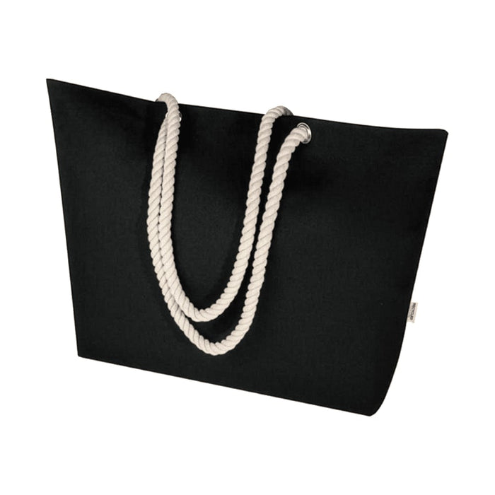 Florida GRS Recycled Beach Tote Bag - A black tote bag with thick white rope handles, featuring a logo on the side.