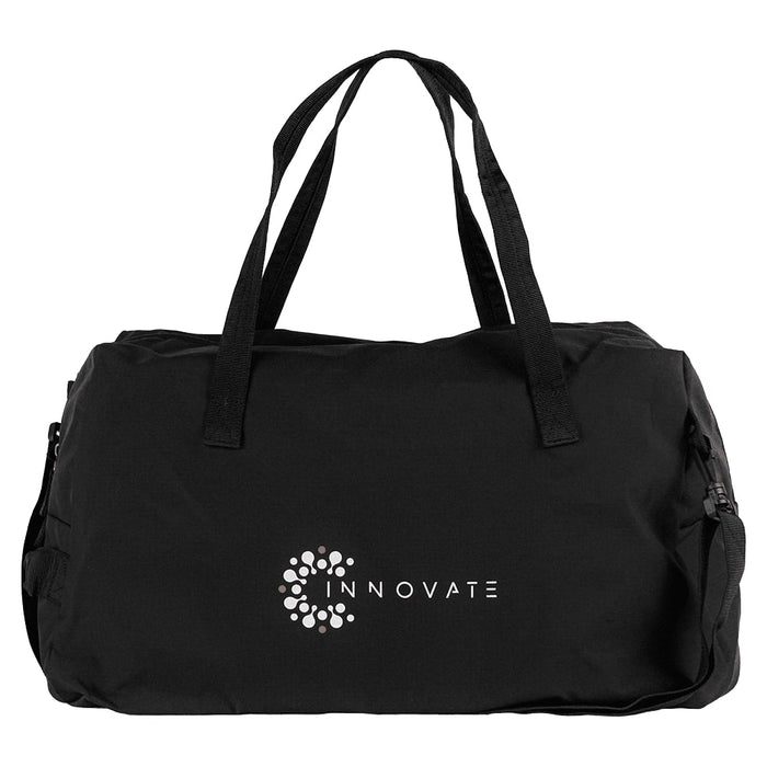 Rime Duffel Bag - A black duffel bag with dual handles and a logo on the front, featuring side zip compartments.