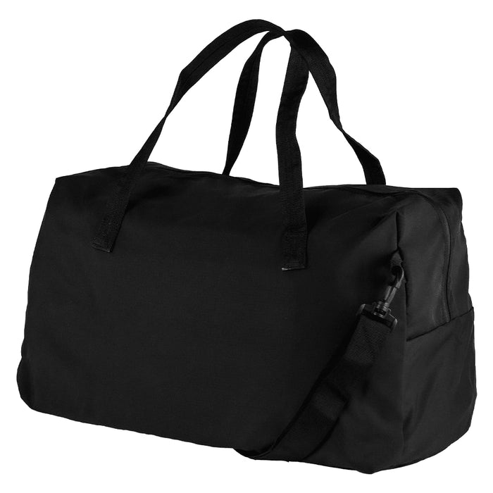 Rime Duffel Bag - A black duffel bag with dual handles and an adjustable shoulder strap, featuring a small logo.