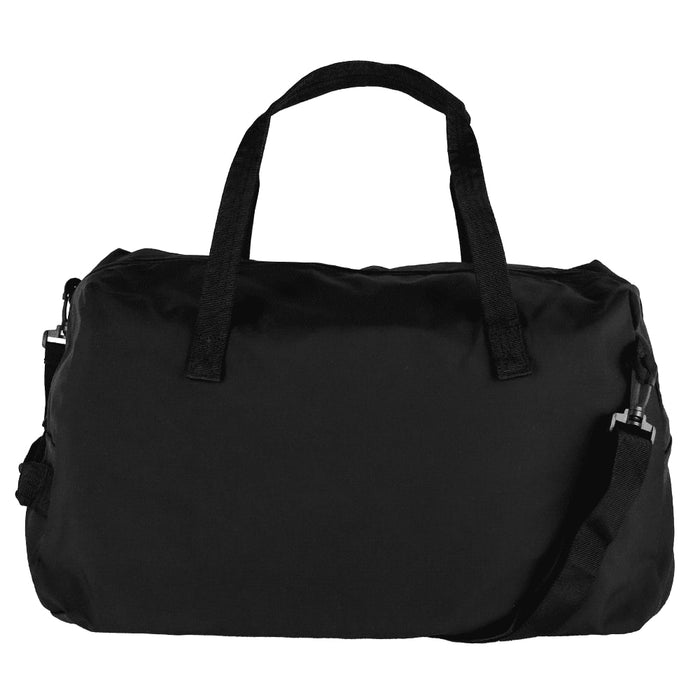 Rime Duffel Bag - A black duffel bag featuring handles and an adjustable strap, with a logo on the side.