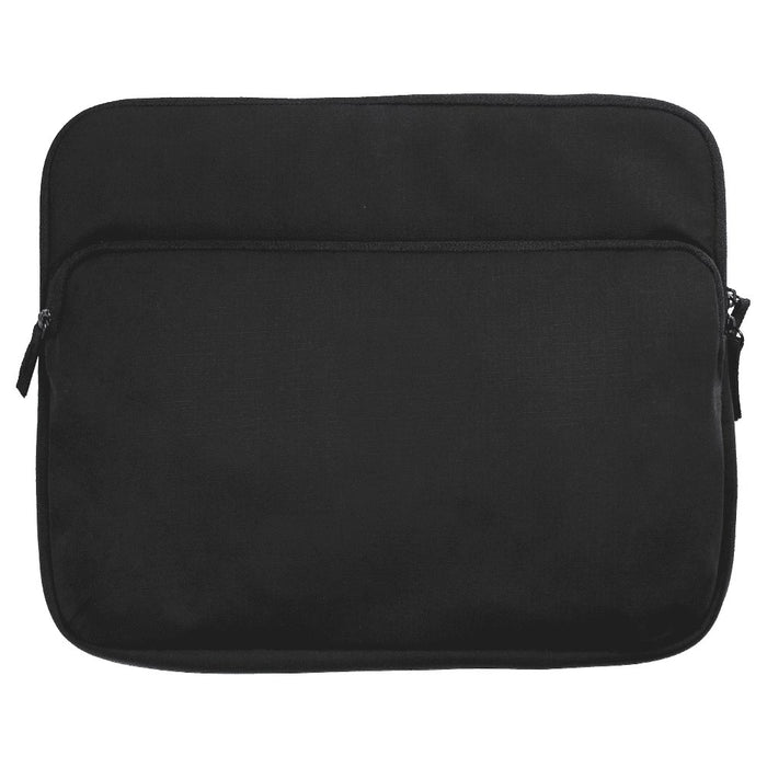 Rime Laptop Sleeve - A black laptop sleeve with a zipped front pocket and a smooth surface. It features a logo on the front.