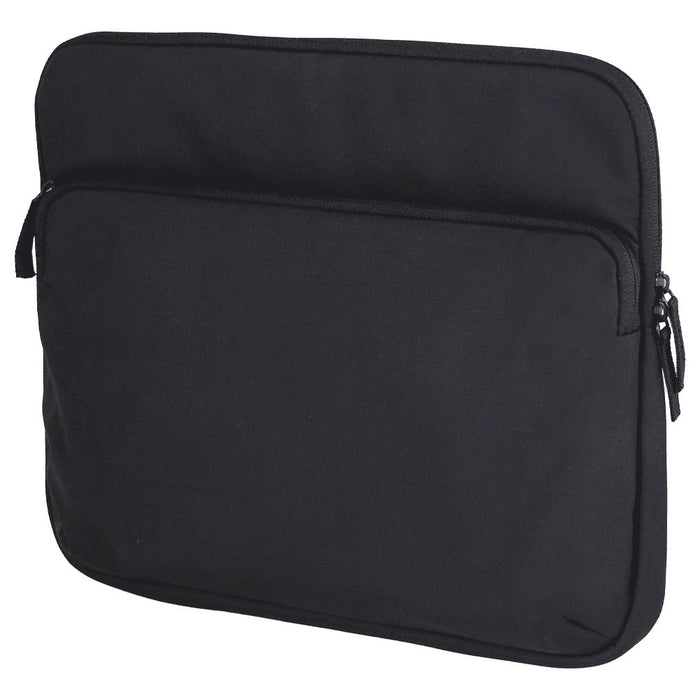Rime Laptop Sleeve - A black laptop sleeve with a zippered main compartment and an additional front pocket. Features a logo.