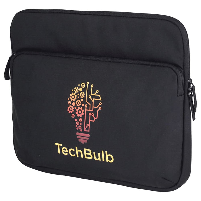 Rime Laptop Sleeve - A black laptop sleeve featuring a logo with a light bulb and gears in orange and yellow tones.