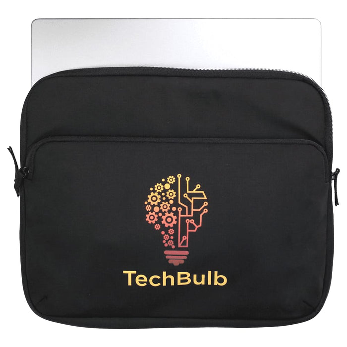 Rime Laptop Sleeve - A black laptop sleeve features a light bulb design with gears and a logo, suitable for a laptop or device.
