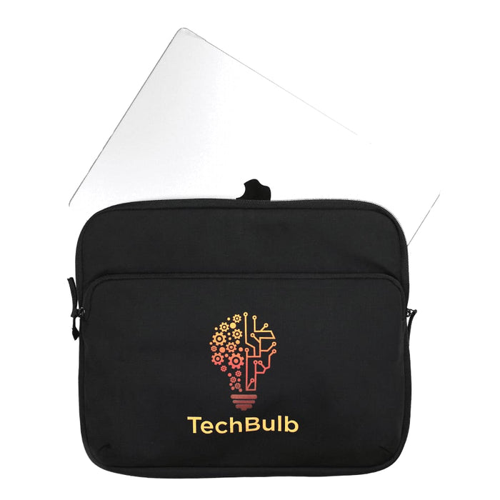 Rime Laptop Sleeve - A black laptop sleeve with a logo featuring a light bulb design and a white laptop inside.