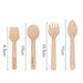 Pack of 100 Per Pack Disposable Birch Spoons/Forks (Small) - A pack of 100 disposable birch spoons and forks in natural wood colour, featuring different utensil shapes and sizes.