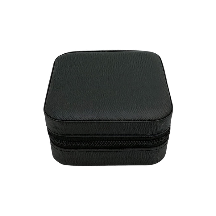 PU Leather Jewellery Box - A square black PU leather jewellery box with a zipped closure. The surface features a textured pattern and a logo.
