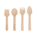Pack of 100 Per Pack Disposable Birch Spoons/Forks (Small) - A pack of 100 disposable birch spoons and forks in natural wood colour, featuring various utensil shapes and a logo.