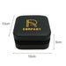 PU Leather Jewellery Box - A black PU leather jewellery box with a zipper, featuring a logo on the top. Dimensions are 10cm x 10cm x 5cm.