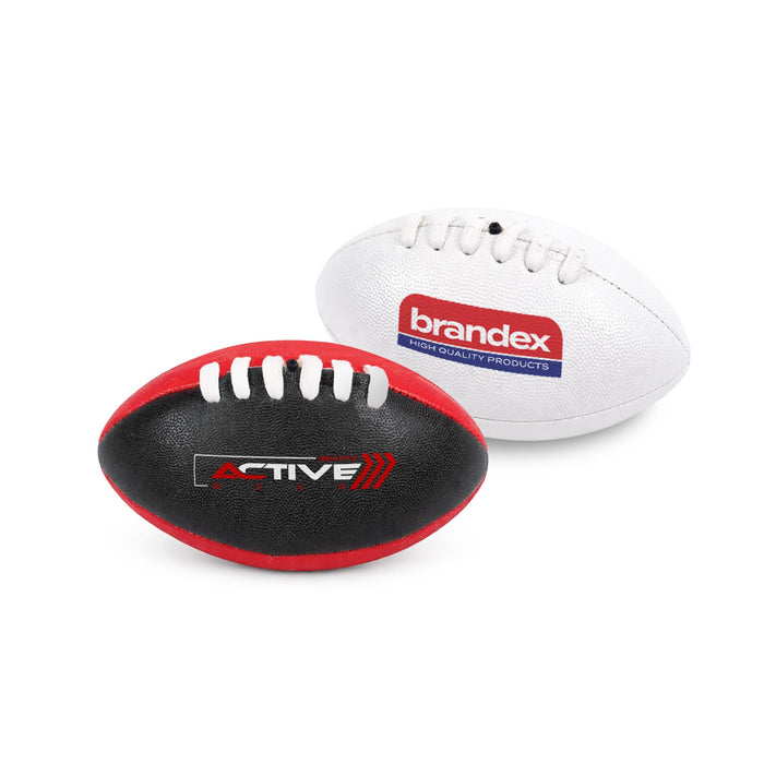 Mini Aussie Rules Ball - A mini Aussie rules ball in black and red, with one side featuring a logo and the other in white with branding.