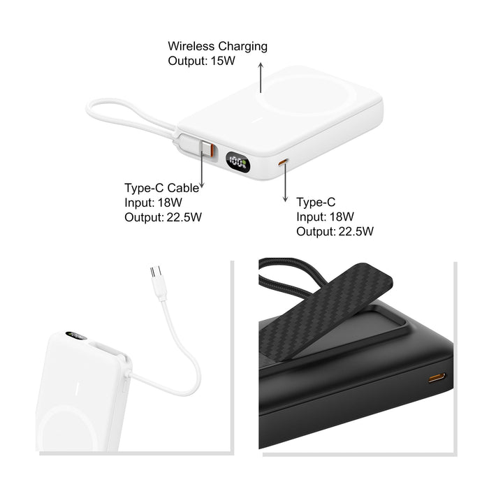 10000mAh Magnetic Wireless  Power Bank with Charging Cable - A white 10000mAh magnetic wireless power bank with a built-in charging cable, featuring multiple Type-C ports and a textured surface.