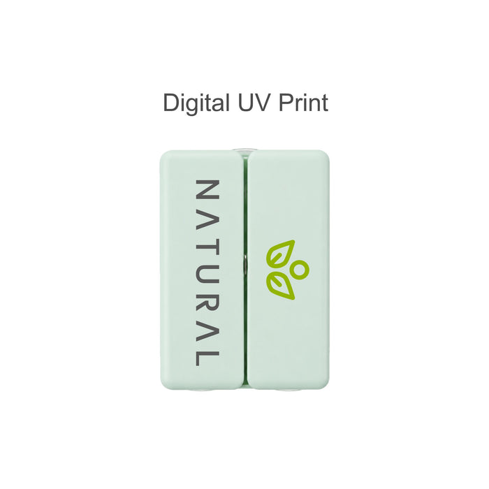Folding 7 Compartment Pills Box - A folding pill box with seven compartments in light green, featuring a logo and printed text.