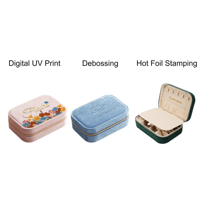 Velvet Jewellery Box with Compartment - Three velvet jewellery boxes in pink, blue, and green, featuring different decorative techniques and compartments.