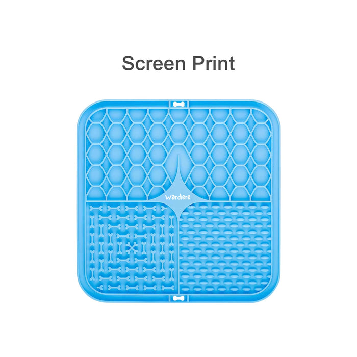 3-Section Dog Enrichment Lick Mat - A blue 3-section dog enrichment lick mat featuring different textured patterns in each section, with a logo present.