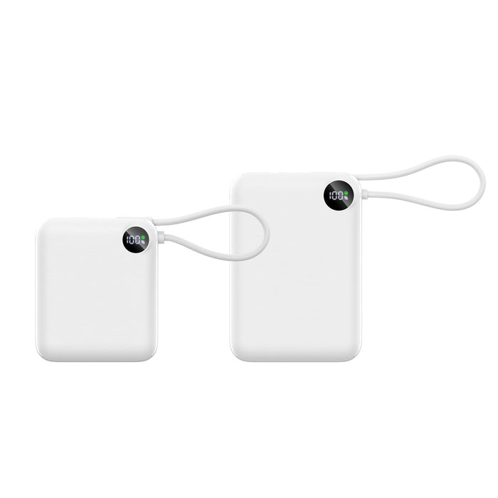 10000mAh Power Bank with Charging Cable - A white 10000mAh power bank with a charging cable, featuring a digital display and a loop for easy carrying.