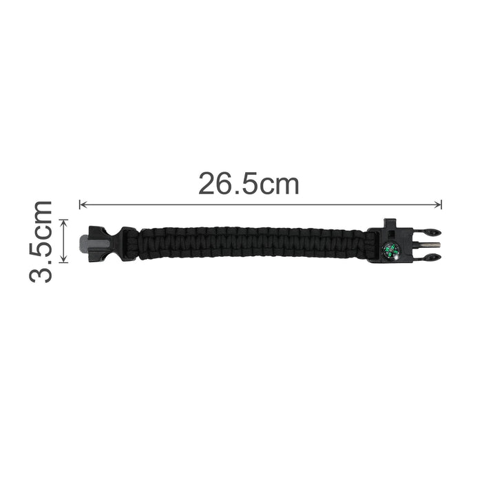 5 in 1 Survival Bracelet - A black survival bracelet measuring 26.5 cm in length and 3.5 cm in width, featuring a logo.