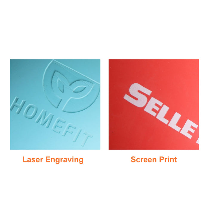 Lacrosse Ball - A close-up of two promotional items featuring laser engraving and screen print in teal and red colours.