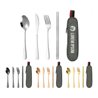 Travel Cutlery Set 4pcs - A travel cutlery set featuring stainless steel spoon, knife, fork, chopsticks, and a zippered grey carrying case.